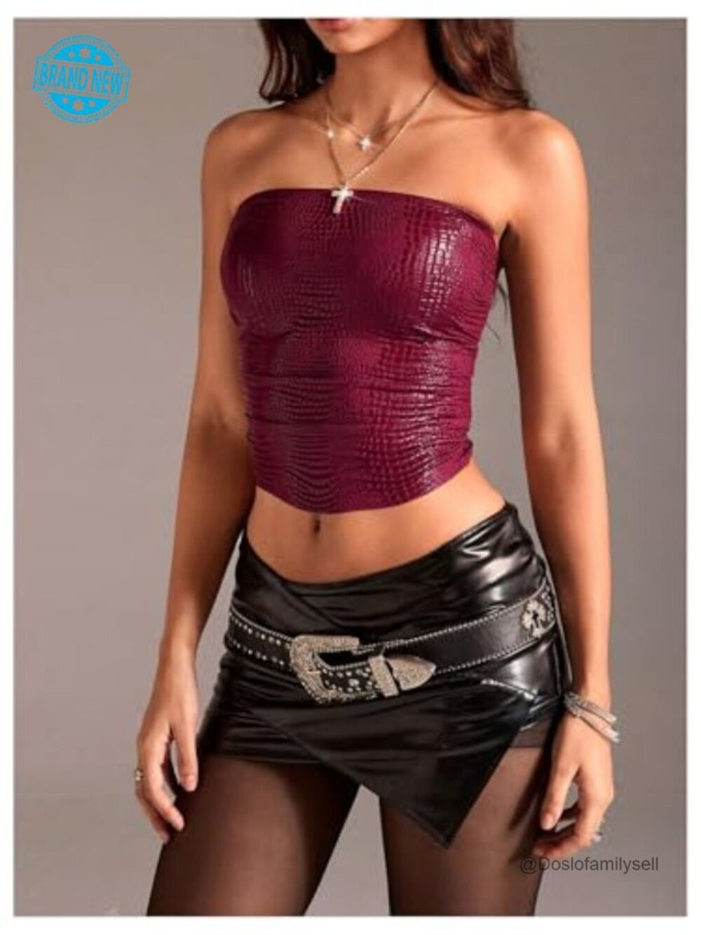 Faux Leather Y2K Bandeau Strapless Crop Top - Picture 6 of 7